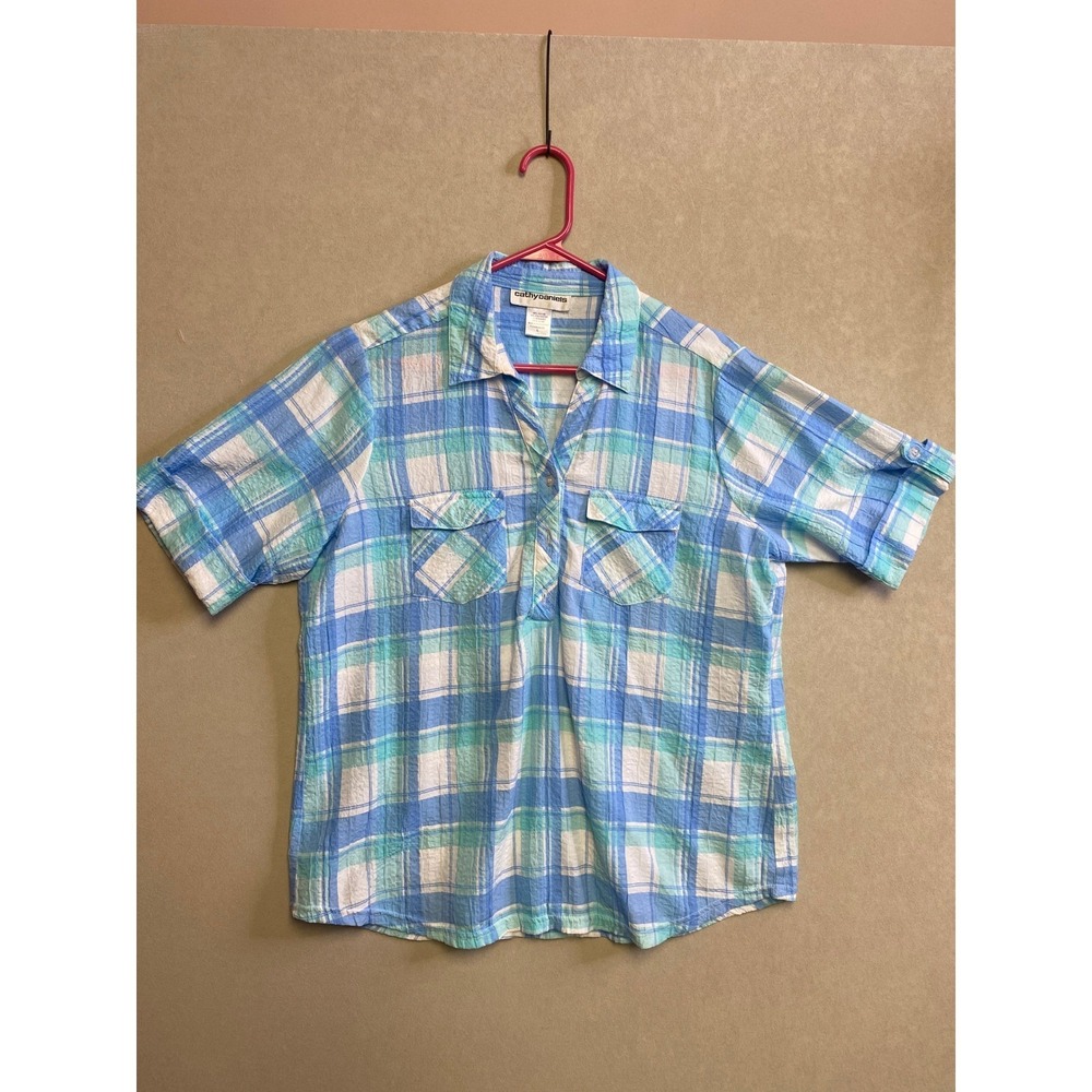 Cathy Daniels Womens Blue Teal Plaid Roll Tab Short Sleeve Button Up Top Large